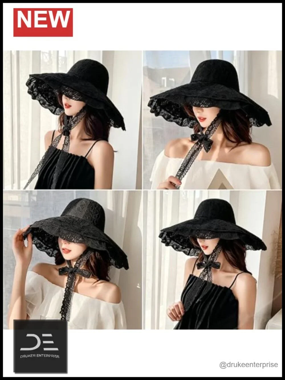 Lace Floppy Wide Brim Sun Hat with Chin Strap Foldable Bucket Hat